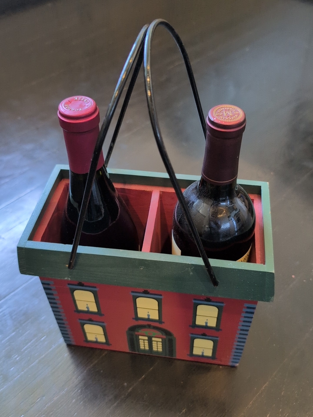 Holiday House Themed Wooden 2-Wine Bottle Carrier